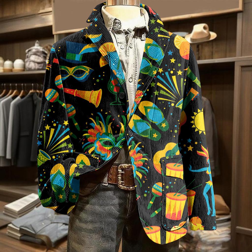 Herren Bedruckter Kord Samt Taschen Anzug Jacke Cardigan Herren Freizeitanzug