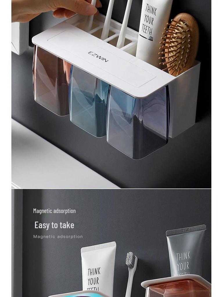 Magnetic Wall-Mounted Toothbrush and Mouthwash Cup Holder Set