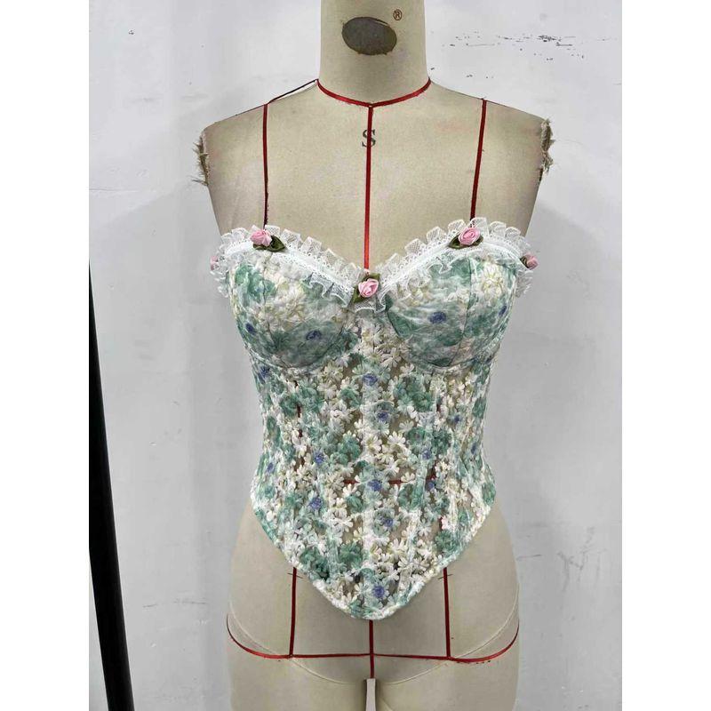 

Her Cross-Border European and American Sexy Sexy Lace Patchwork Flower Decoration Fishbone Girdle Tube Top Tops Green(Including breast Cotton) L