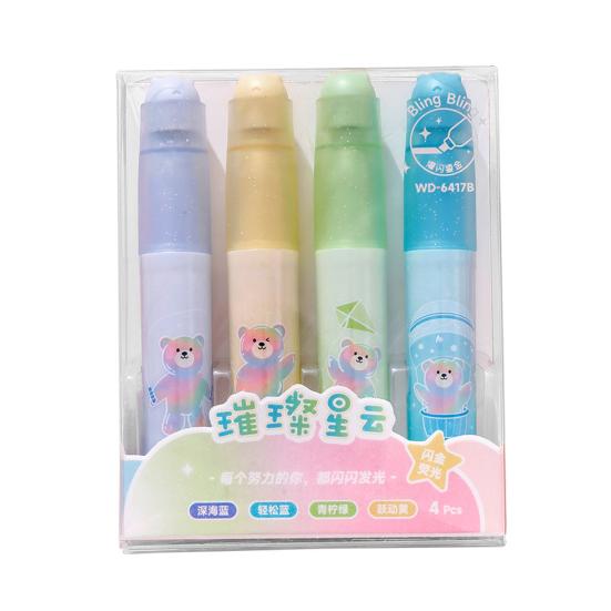 4Pcs Cute Bear Glitter Highlighter Set Large Capacity Pastel Markers for Journaling Notes Smooth Quick-Dry Fun School Supplies for Kids Students
