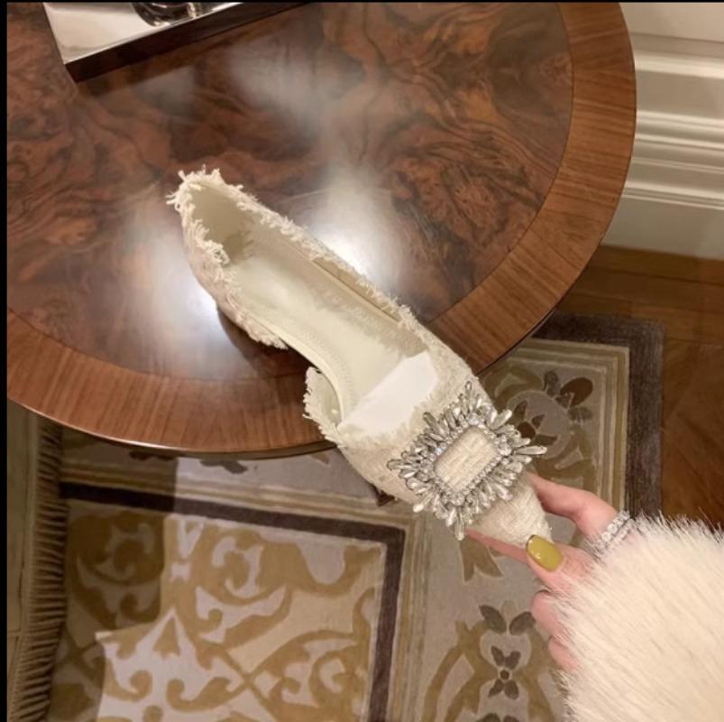 Fashion Flat Shoes for Women Spring and Summer 2025 New Diamond Square Buckle Pointed Toe French Large Size Women's Shoes 41 42 43