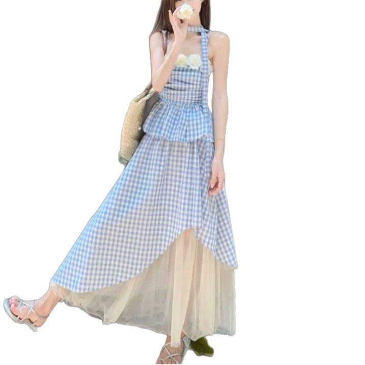 Women's Summer 2025 Floral Checkered Camisole & Irregular Midi Skirt Set
