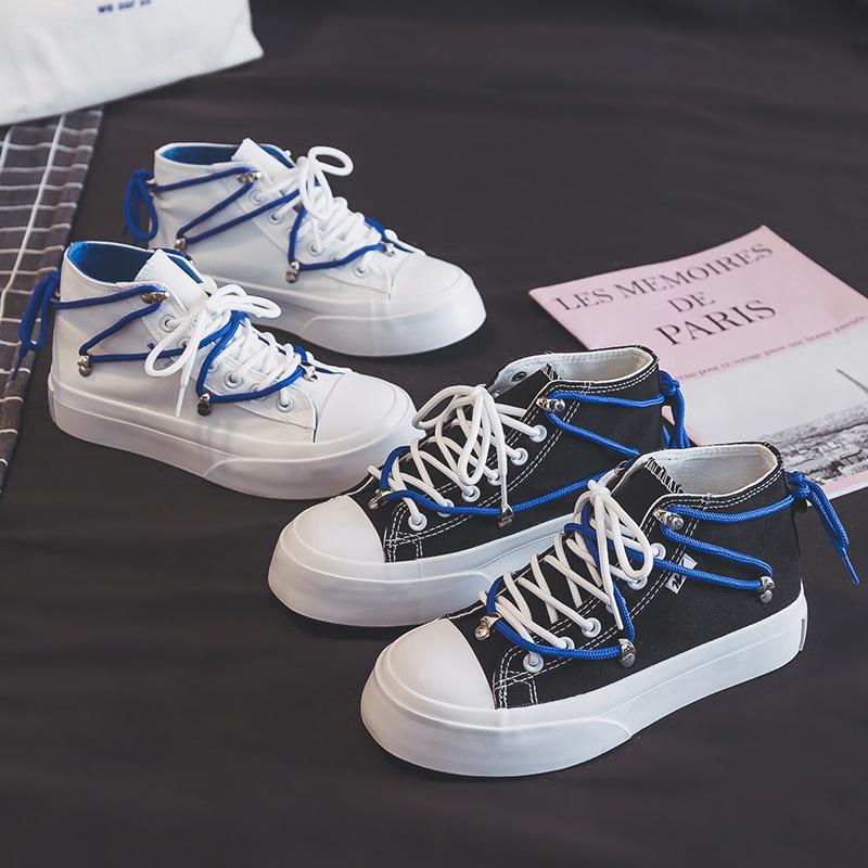 Autumn New Thick-soled High-top Canvas Shoes Women's Big Head Shoes Student Casual Heightening Shoes Rubber Shoes