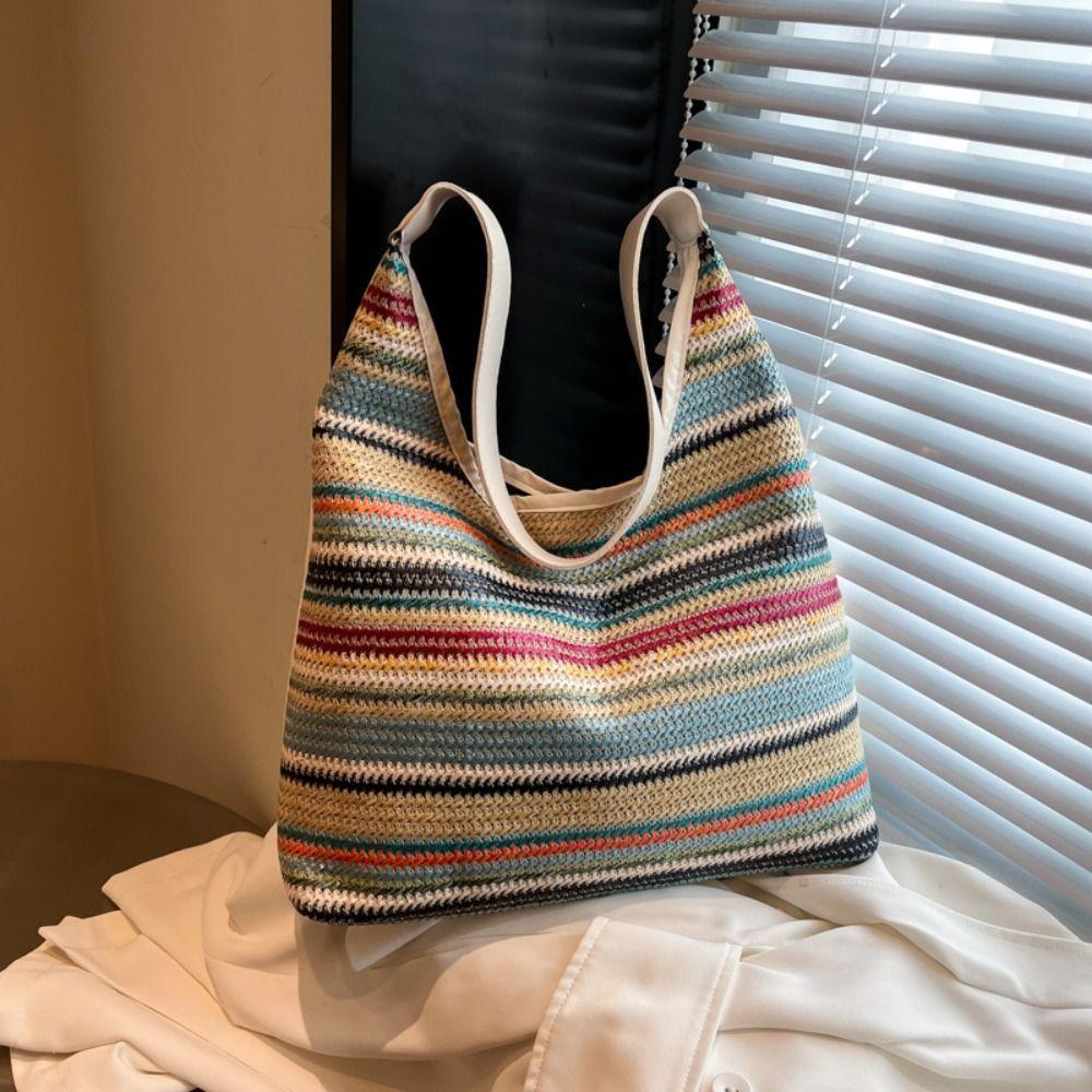 Bohemian Style Weave Straw Bag Large Capacity Hollow Tote Bag Simple Rainbow Beach Bag  Vacation