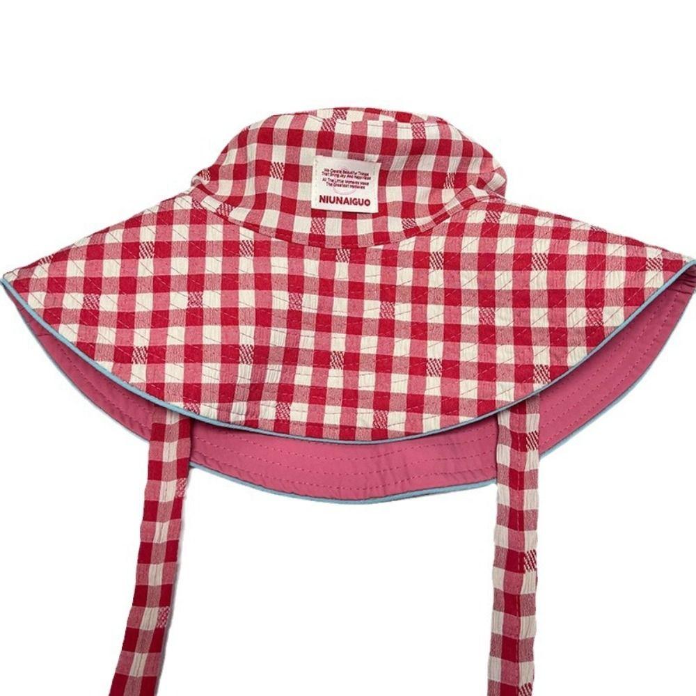 Sun Protection Hiking Fisherman Hat Big Brim Plaid Hiking Cap Breathable Drawstring Sun Hat  Summer
