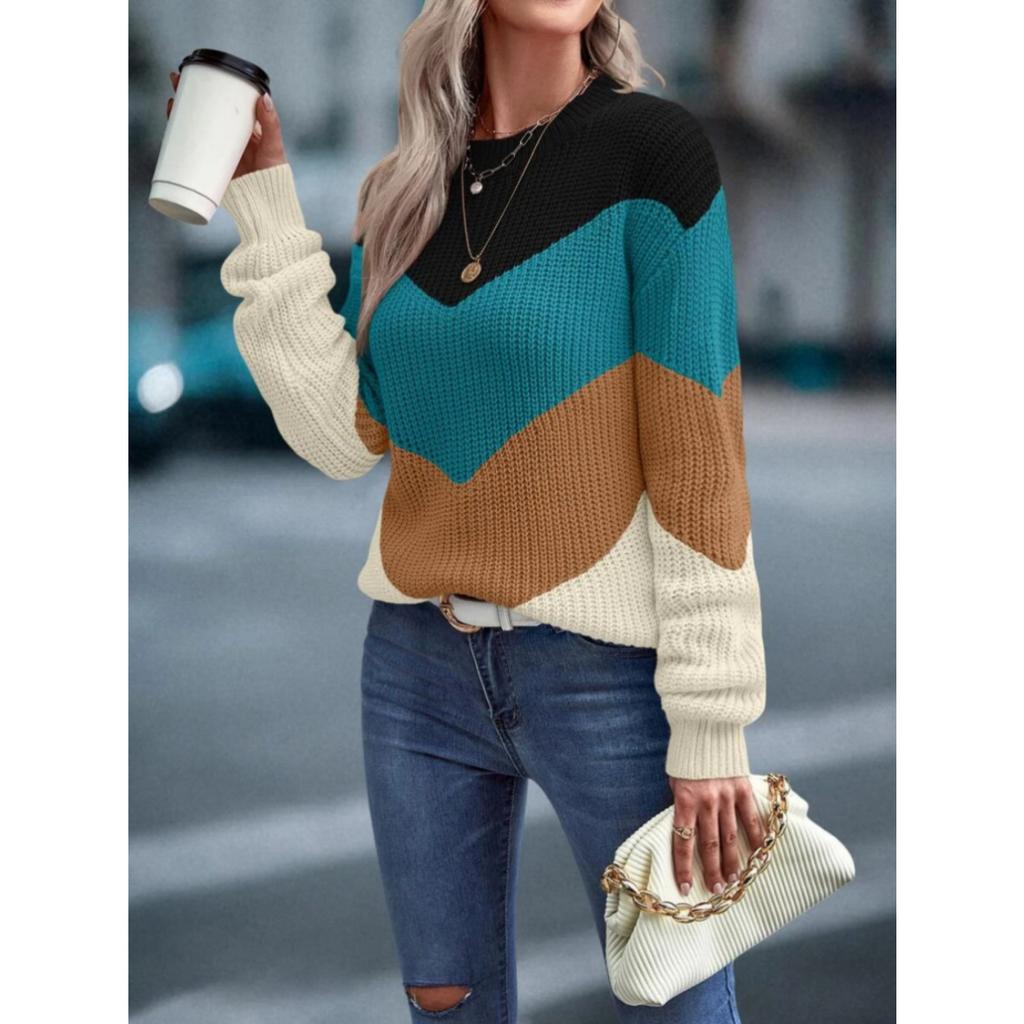 Color Block Rundhalspullover, Eleganter Langarmpullover für Herbst & Winter, Damenbekleidung