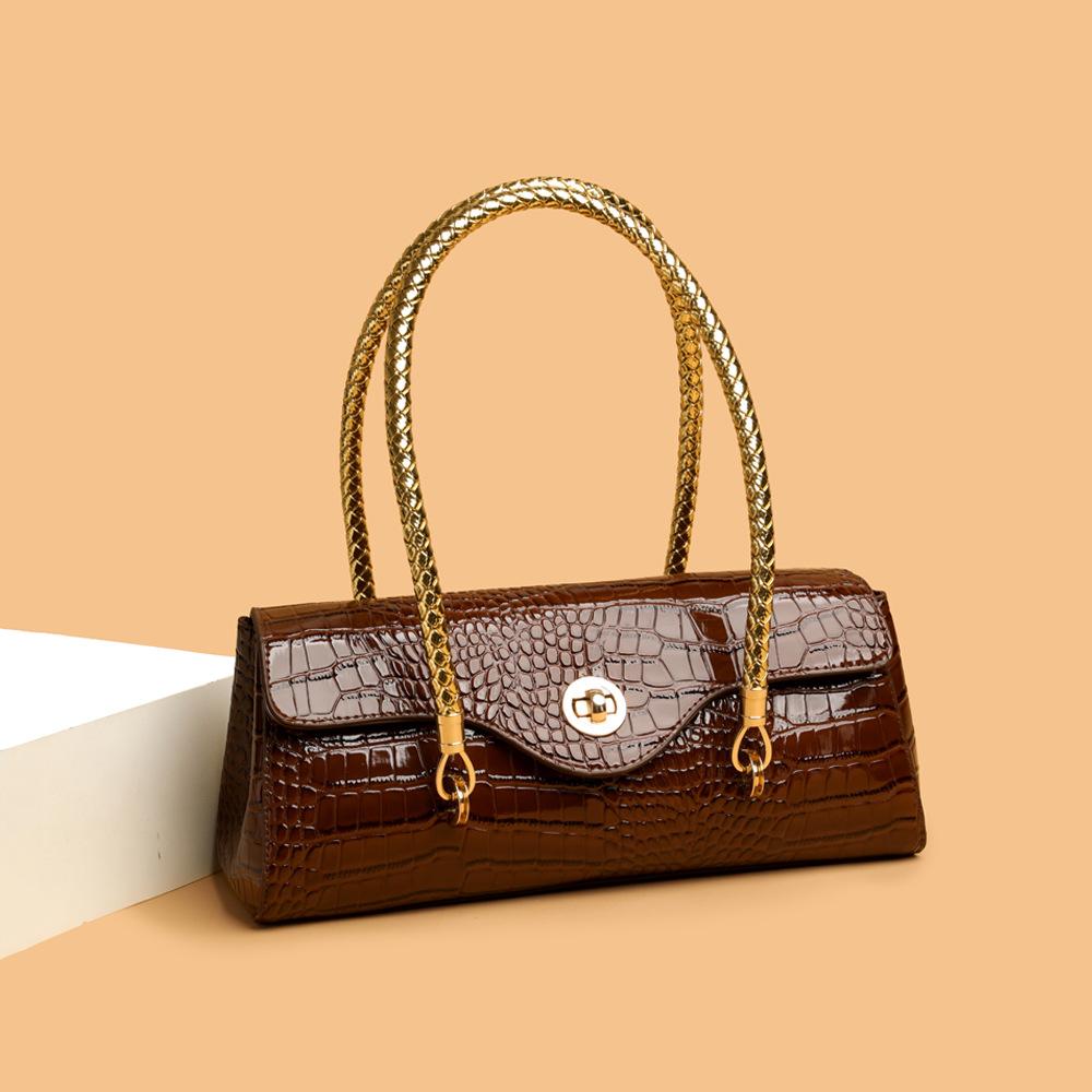 Women's Crocodile Pattern Handbag: Elegant PU Leather Top-Handle Satchel with Gold Chain Straps, Retro Shoulder Bag for Work & Commute