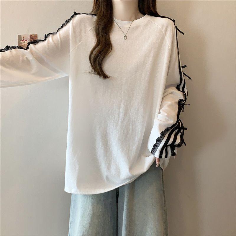 Casual O Neck Long Sleeve T-shirt Lace Patchwork Loose Bow Women Clothing Korea Mid-length Slim Tops