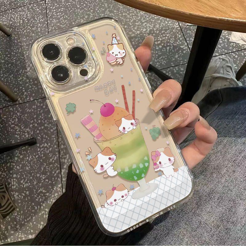Marshmallow Cat Ice Cream Phone Case for Apple 17 Pro Max - Transparent Space Design for 15, 16, 17