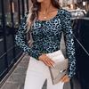 Leopard Print Button-Up Slim-Fit Casual Long-Sleeve Women's T-shirt for Spring & Autumn