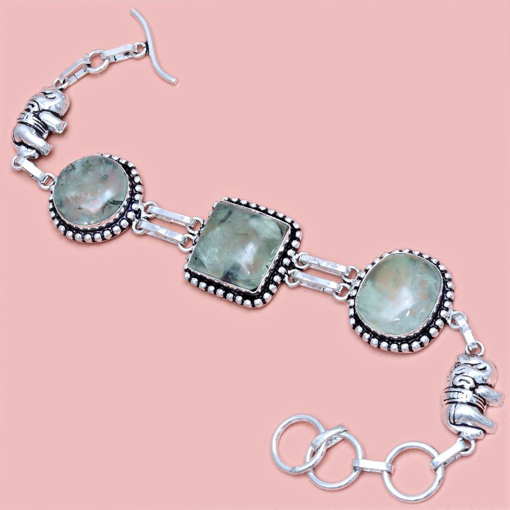 Prehnite Cabochon Gemstone Silver Jewelry Bracelets 7''Adjusable