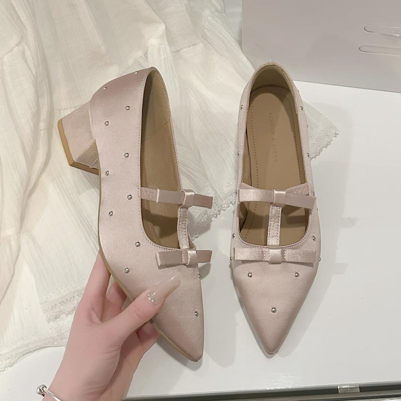 

Women s High Heels Soft Bottom Silk Satin Mary Jane Shoes Spring Summer Butterfly Knot Slip-On Pumps Comfortable round Toe 39 чорний