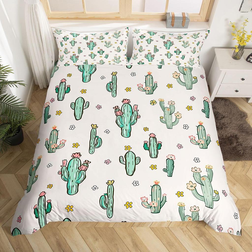 Comforter Chic Cactus Bedding Set Queen For Kids Teen Decor Cartoon Green Plants Succulents Nature Art Floral Comforter