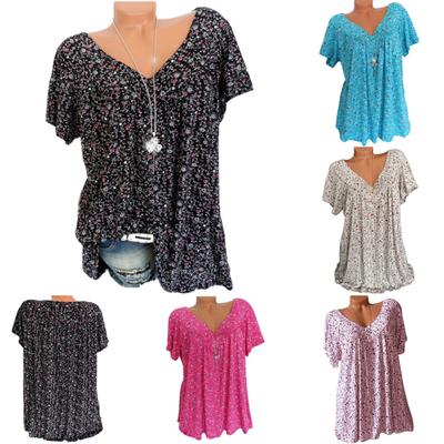 Plus Size Casual Summer Women Flower Print V Neck Short Sleeve Loose T-Shirt Top