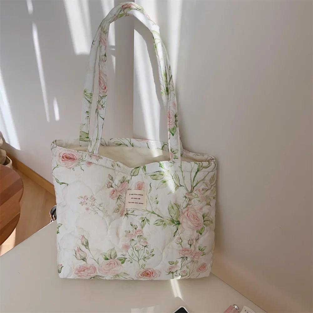Cotton Floral Tote Bag for Women  Handbag Trendy Chic Puffy Top Handle Bag Quilted Padded Shoulder Bag Designer Shopper Bags