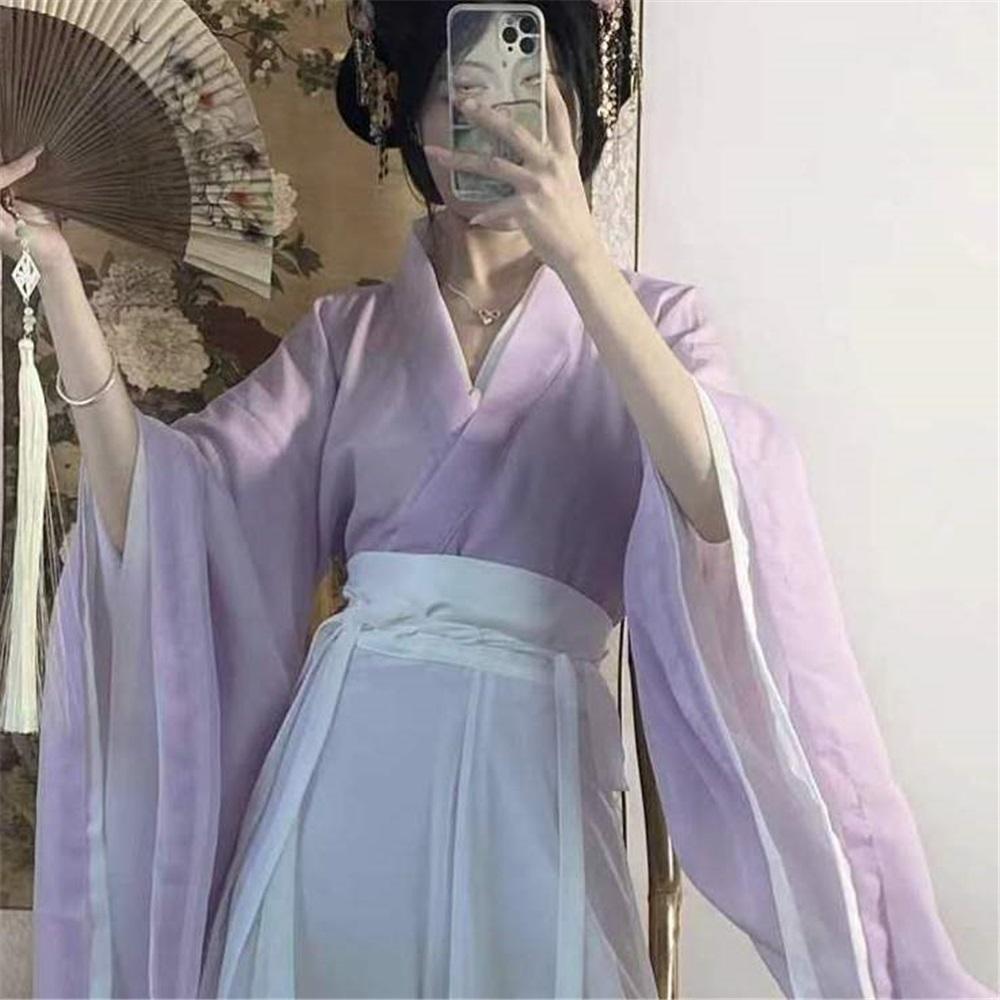 Tre-delat set med korshalsad midjelång kjolstil från Wei- och Jin-dynastierna för kvinnor