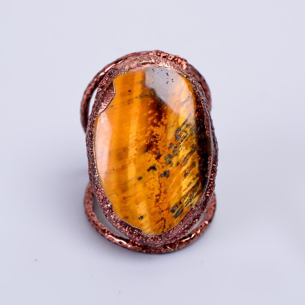 Tiger Eye Stone Eternity Electroformed Sacral Chakra Sisters Gift Ring Copper V-68