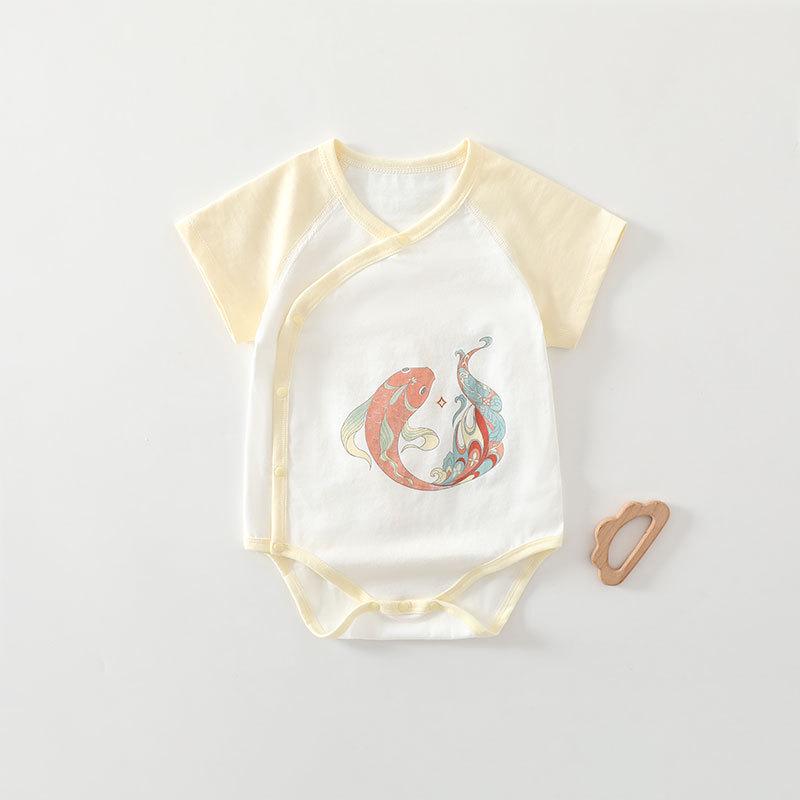 Newborn Baby Cotton Short Sleeve Romper - Triangle Crawling Suit, Lightweight, Snap Crotch, Class A.