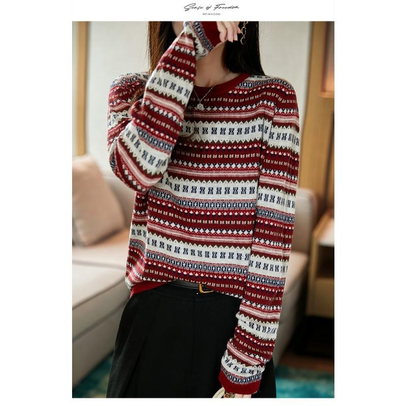 Autumn Winter Vintage Ethnic Women S Round Neck Knitted Sweater