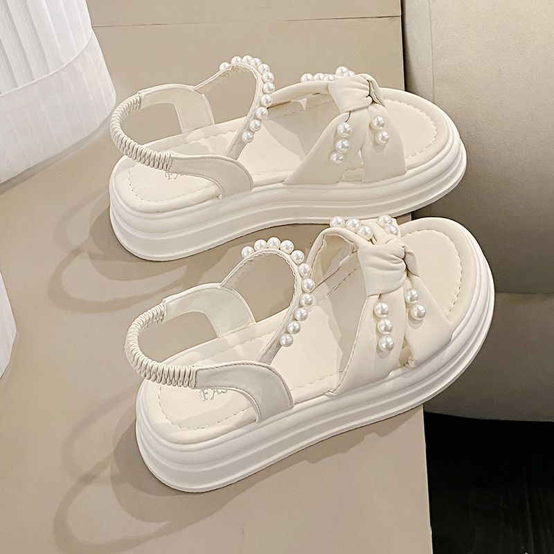

Fashion Pearl White Women s Sandals Platform Bow Ladies Shoes Korea Footwear Asian Size 2025 Luxury Trending Summer Sale Vintage Trend 40
