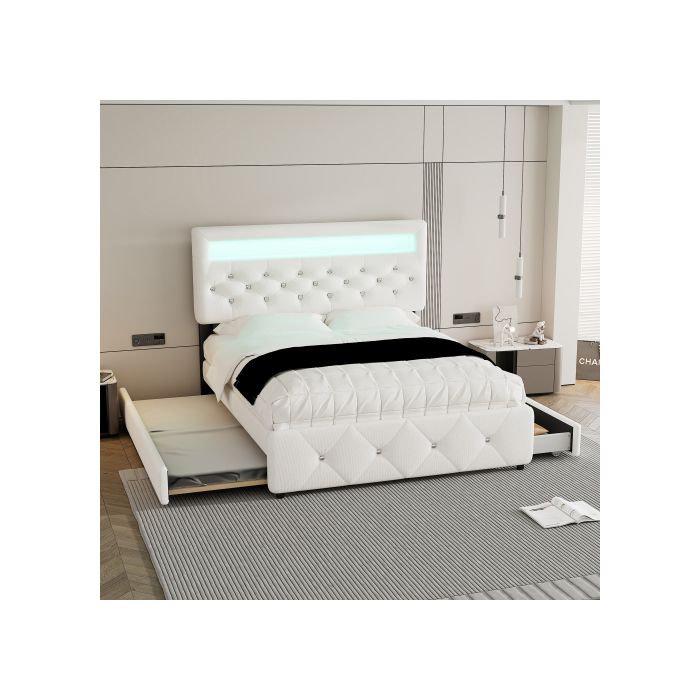 Lit capitonné - MUVOE - 140x200 cm - Blanc - 2 tiroirs - Design élégant