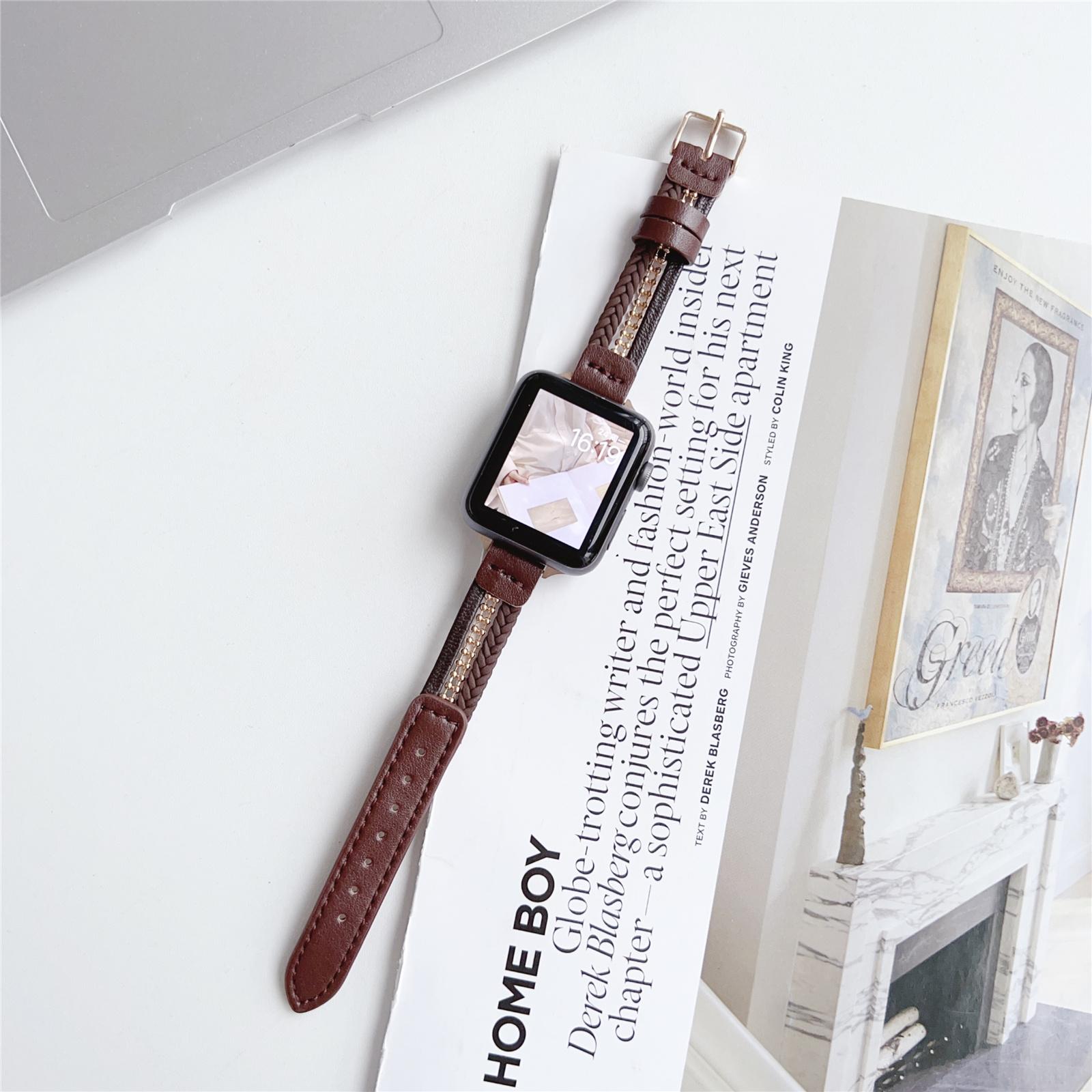 

For Apple Watch 10 46mm/Ultra 2/Ultra 49mm/9 8 7 45mm/SE (2023) SE (2022) SE 6 5 4 44mm/3 2 1 42mm Slim Leather Strap Brown