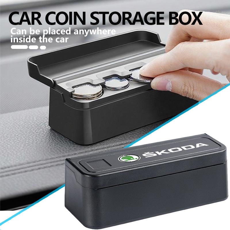 For Skoda Larger Capacity Car Coin Storage Box Coin Organizer Container Holder Case S Kodiaq Octavia 2 3 Yeti Karoq Rapid Fabia RK5