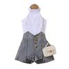 Meisjes Mode Set: Zomer Kinderen Effen Kleur Mouwloos Off-the-shoulder Pullover, Gescheurde Denim Shorts Tweedelig Set
