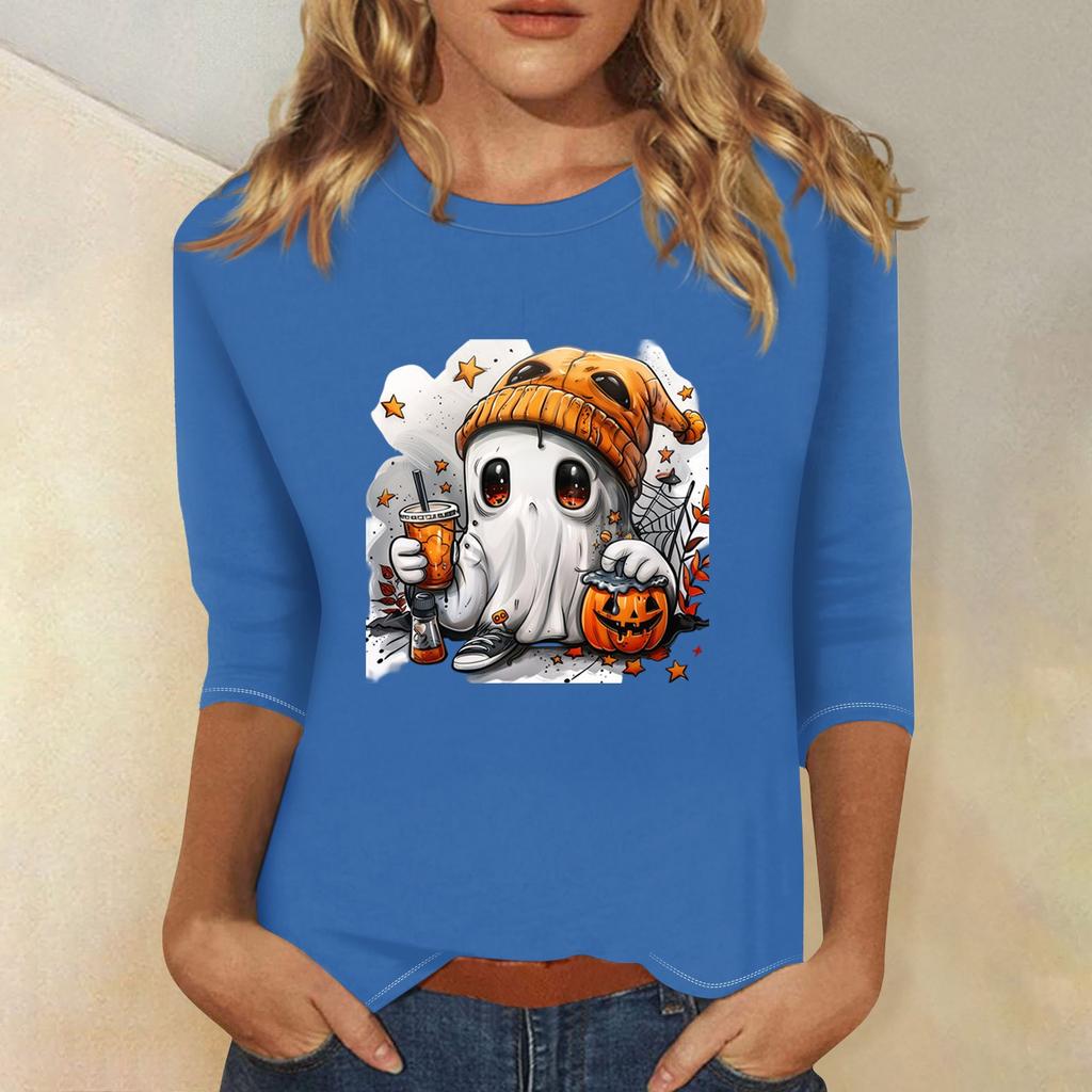 Women's Fashion Casual Three-quarter Sleeve Halloween Printed Round Neck Top