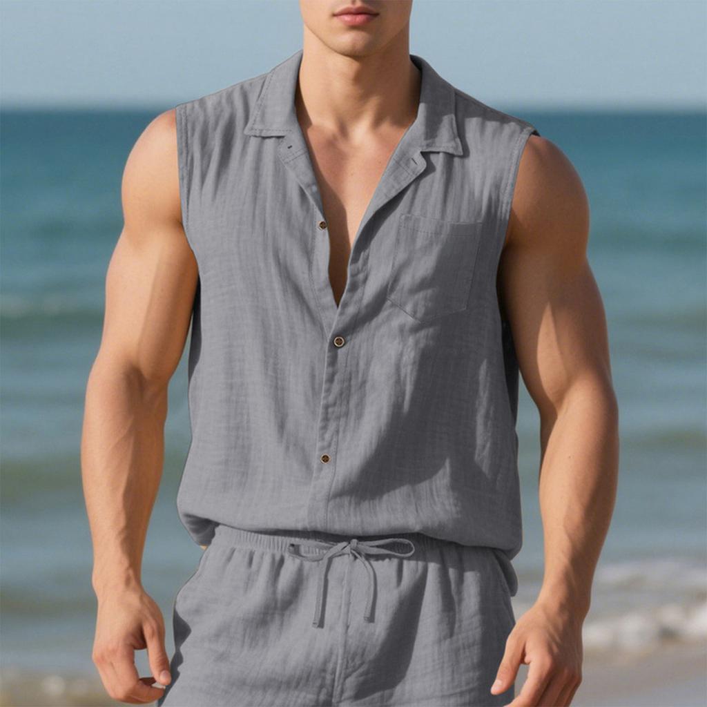 Men'S Fashion Collar Color Shirt Casual Sleeveless Top