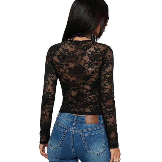 Women Tops V-Neck Long Sleeve Hollow Embroidery Lace Design Pullover Tops Pure Color Slim Fit Mesh Detail Blouse Daily Wear