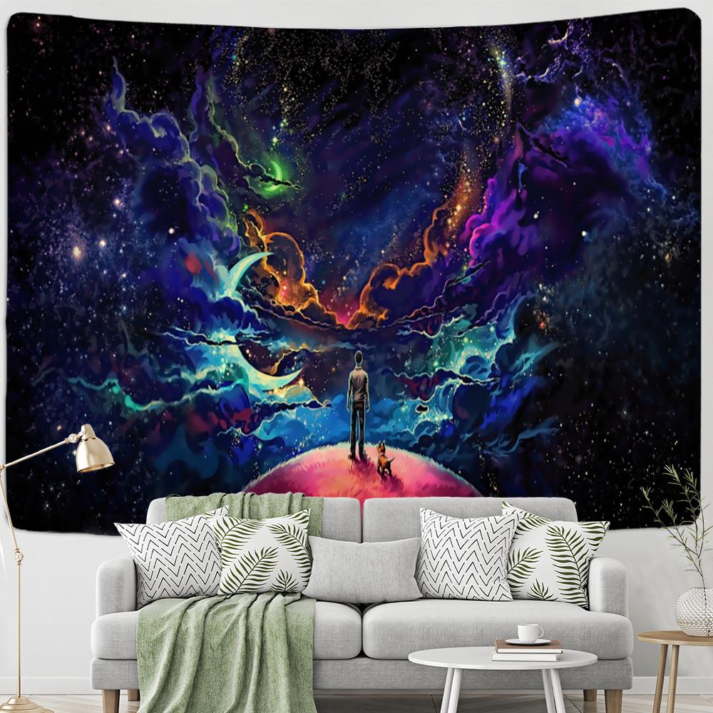 

Гобелен со звездным небом и планетой, настенный психоделический хиппи, загадочная Вселенная, тапиз, фоновая ткань, домашний декор 320x182cm