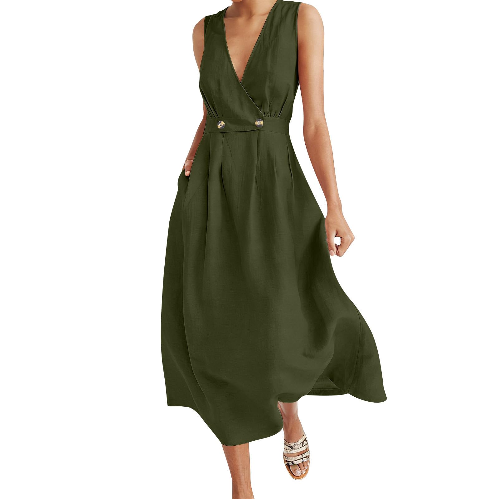

Women s Fashion Color Long Dress Summer Loose V-neck Sleeveless Pocket Party Vacation Dress L армия зеленый