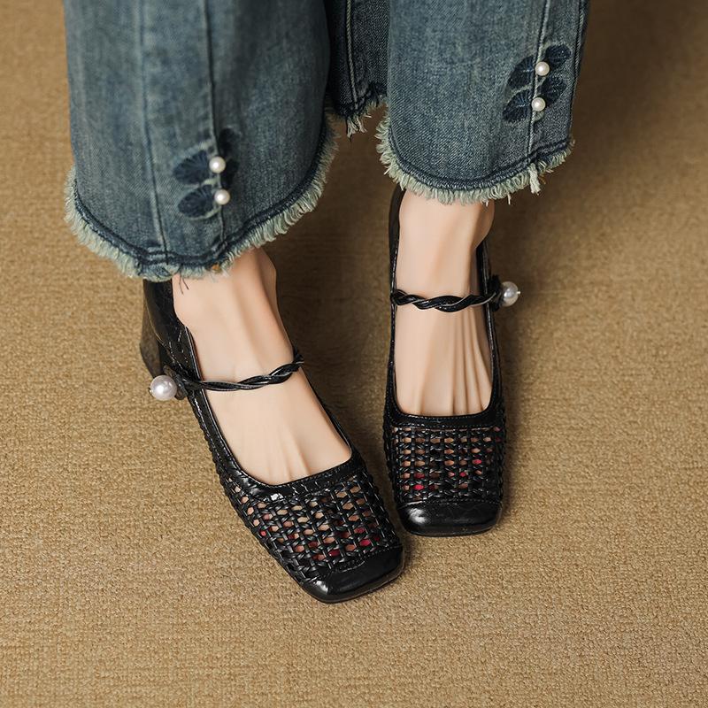 

Sheepskin woven hollow sandals women s hole shoes leather shoes thick heel with Mary Jane shoes summer high heels 40