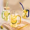 400ml Square Glass Mug With Lid and Straw Breakfast Milk Cup Microwave Safe Transparent Party Beer Coffee Mug Drinkware
