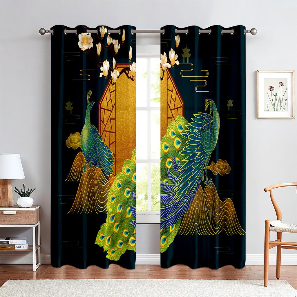 Classic Peacock Print Curtain Blue Embossed Effect 2 Panel Fit Living Room Bedroom Balcony Kitchen Window Decor