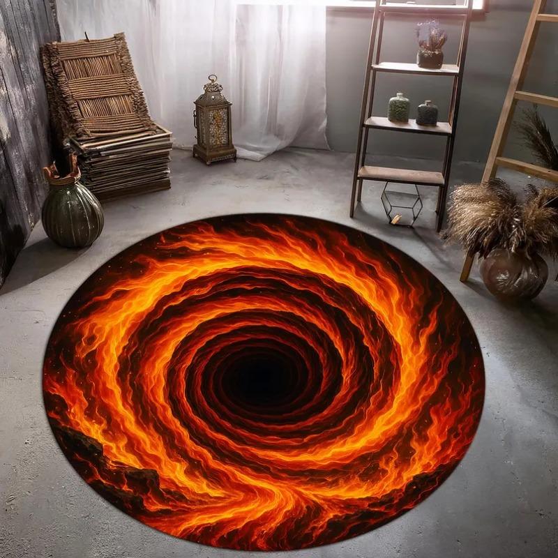 Flaming Black Hole Rug, Fiery Orange & Red Vortex Circle Carpet, Cosmic Portal Energy Mat for Dramatic Room Decor Fashionable