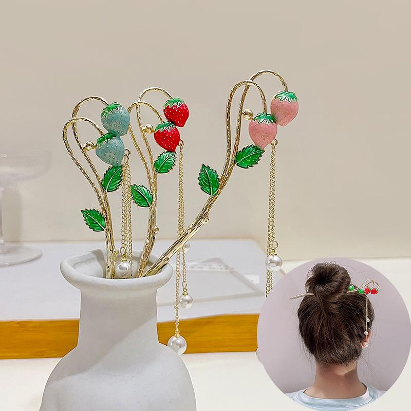 Cute Strawberry Pearls Tassel Hairpin Retro Creative Colorful Fruits Headpiece Cheongsam Antique Style Hair Ornaments