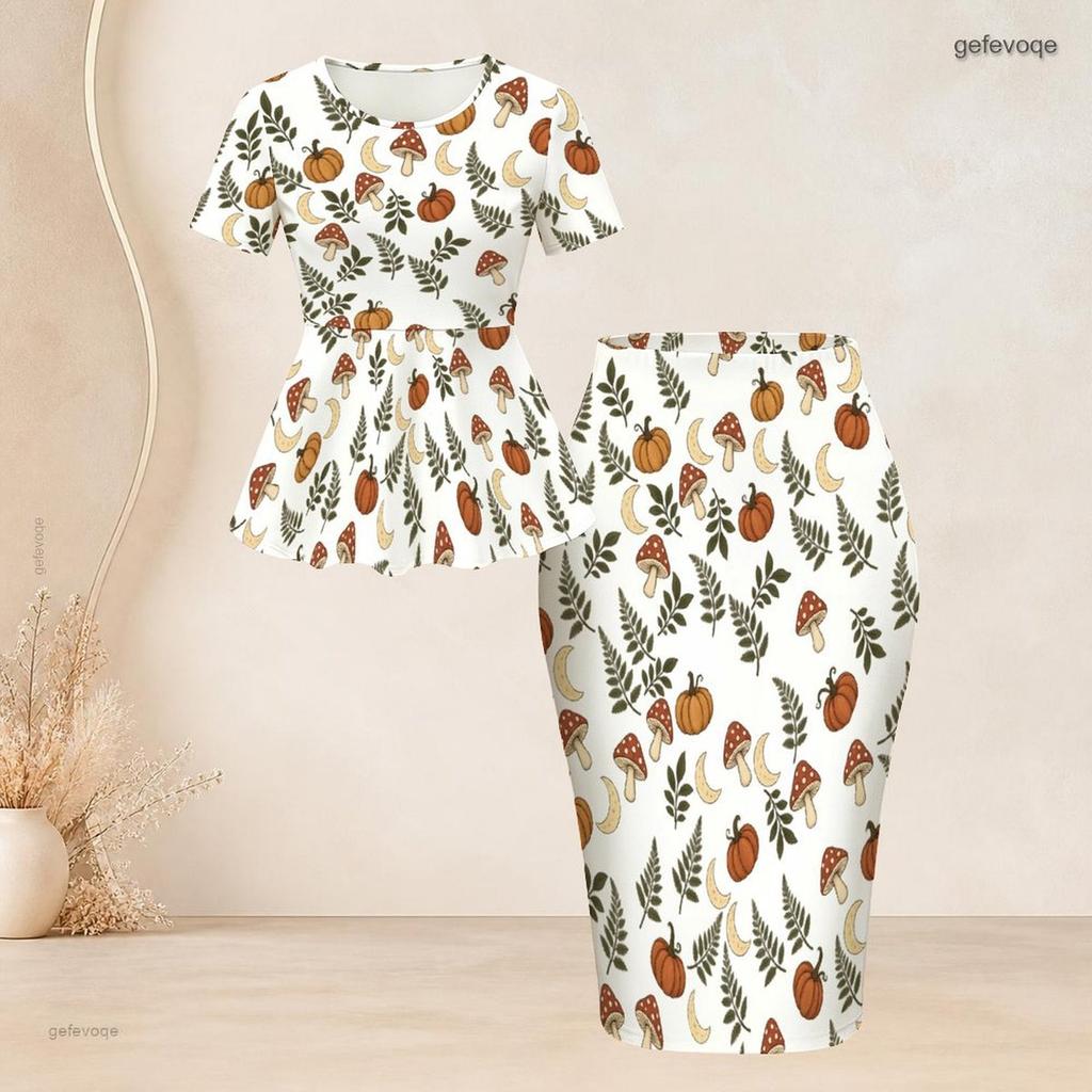 Women Plus Size White Short Sleeve Round Neck Halloween Print Peplum Top And Pencil Skirt Set