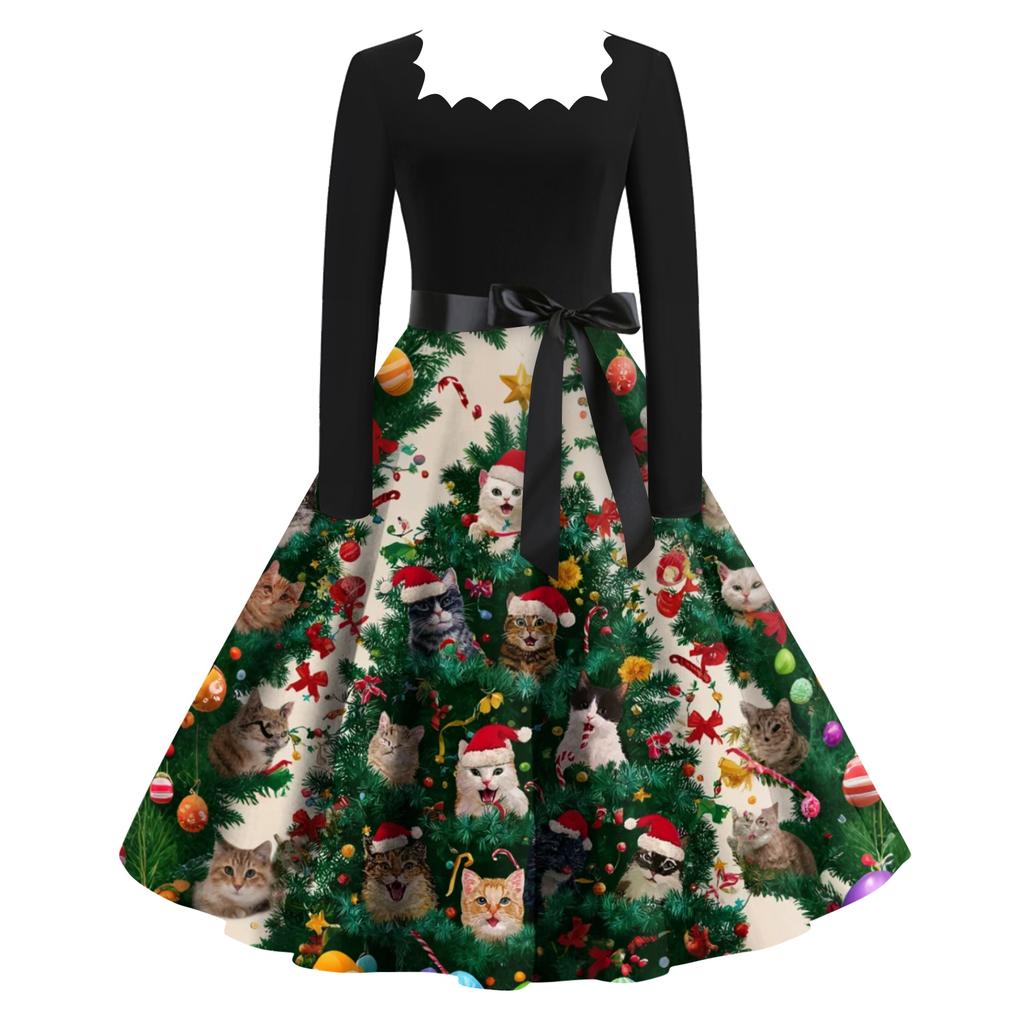 Women's Fashion Retro Long-sleeved Square Collar Christmas Printed Evening Dress