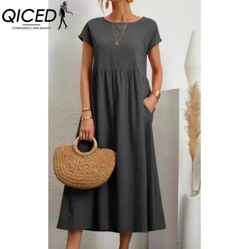QICED Women's Fashion Summer Spring Solid Color Print Short Sleeve O-Neck Casual Dresses