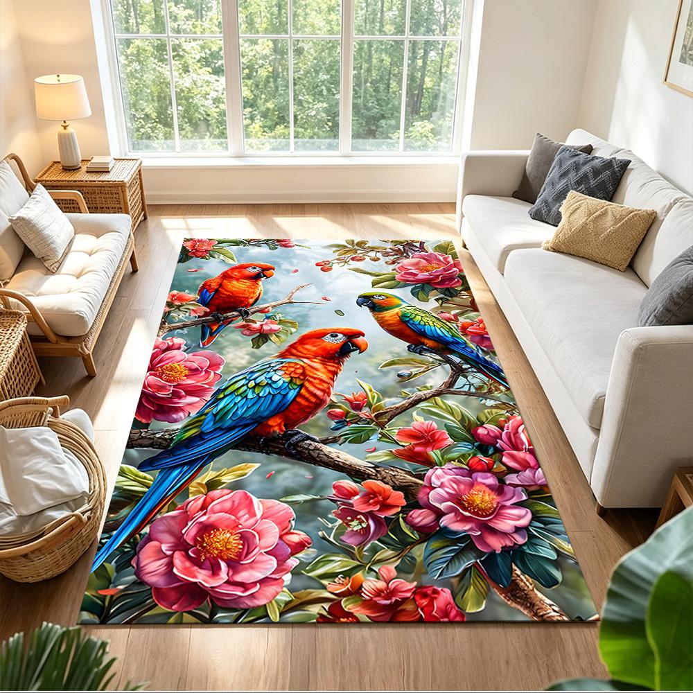 Tropical Parrots And Flowers Non-Slip Home Carpet Design for Office Decor Living Room Bedroom Gift
