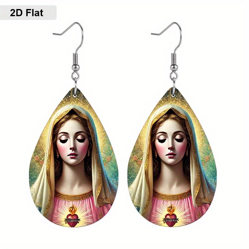 Elegant Our Lady with Angel PU Drop Dangle Earrings, Inspiration Jesus Theme Double Sided Hoop Earring,