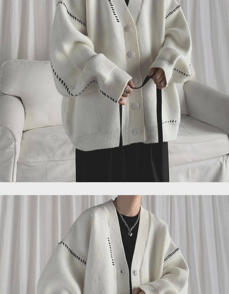 2023 Unisex Volný Střih Retro Japonský Svetr s Výstřihem do V - Podzimní/Zimní Styl