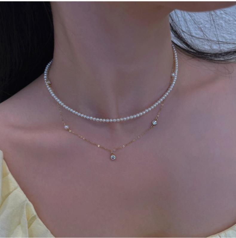 Náhrdelník z mincovního stříbra S925 s perlou Shijia a dětskými korálky - Vynikající kulatý lesk, Retro jemný choker pro ženy