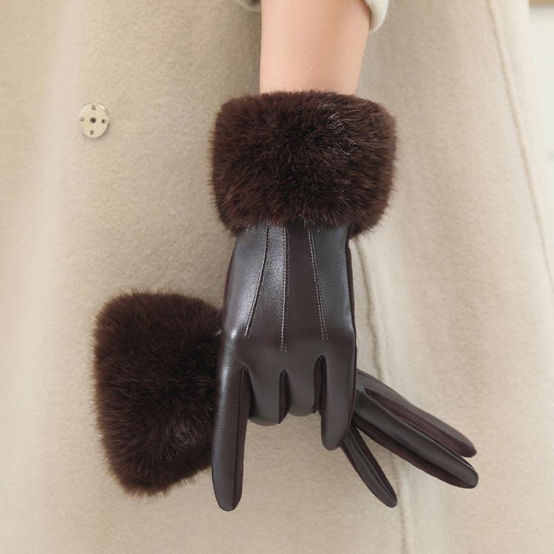 Winter Fashion With Faux Fur Trim Pu Leather Women'S Gloves For Cold Weather Cuff Thickened Thermal Lining Windproof Warm Gloves