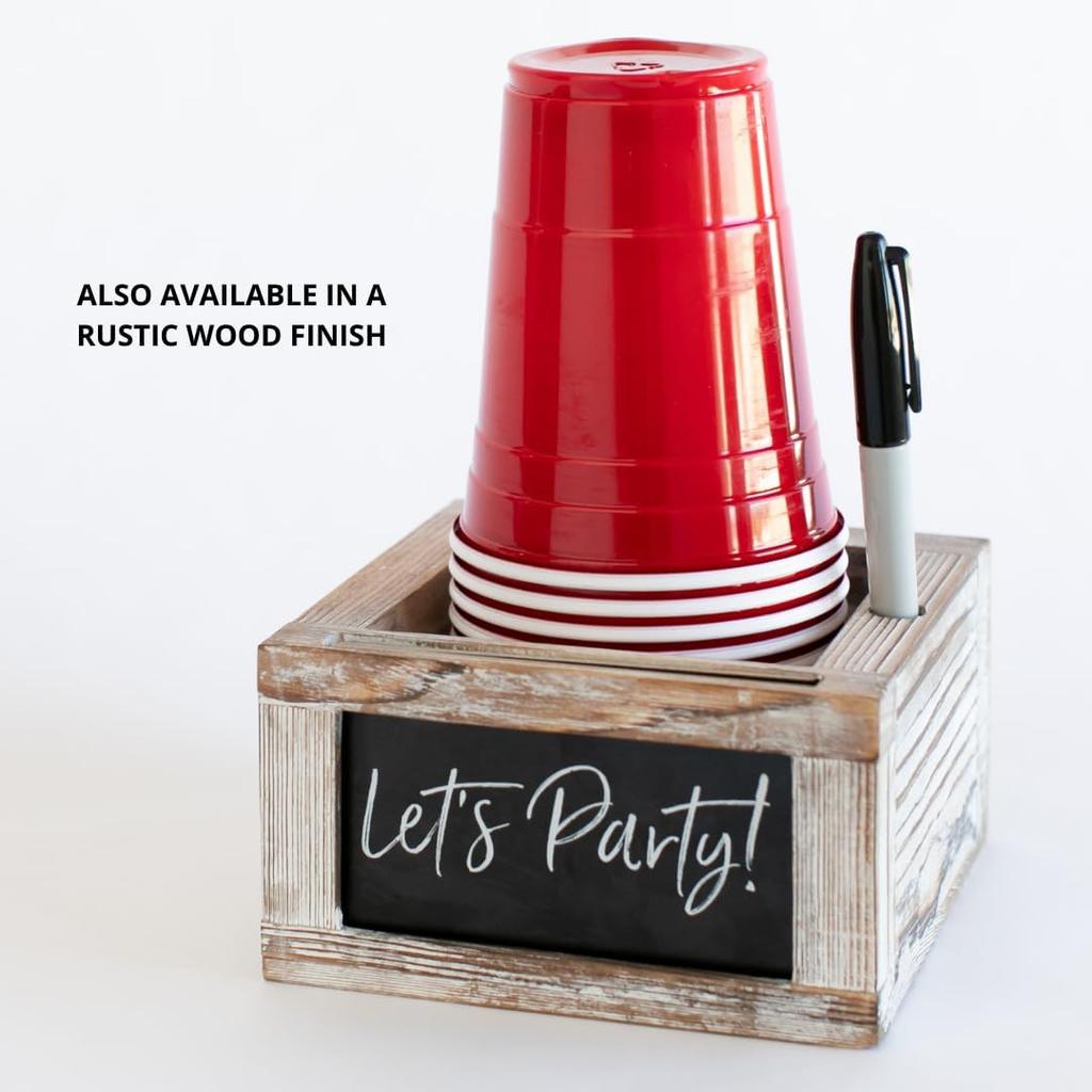 White Wood Mark Your Cup and Drink Up Cup Holder - Hosting Essentials Cup Dispenser with Interchangeable Signs- Coffee Cup Holder with Marker Slot-