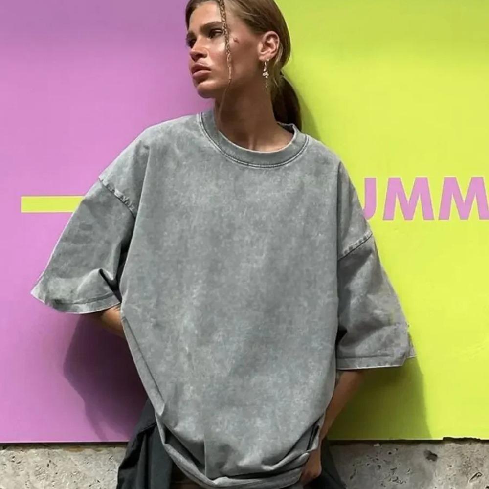 100% Baumwolle Retro T-Shirt Damen Vintage Kurzarm Wachsdruck T-Shirts Herren Einfarbig Hip Hop Lockeres T-Shirt