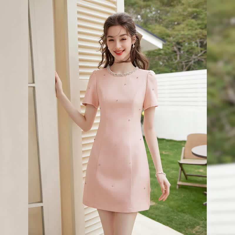 White Deer Language Summer Ladylike Pearl Chain Puff Sleeve Slim-fit Dress S