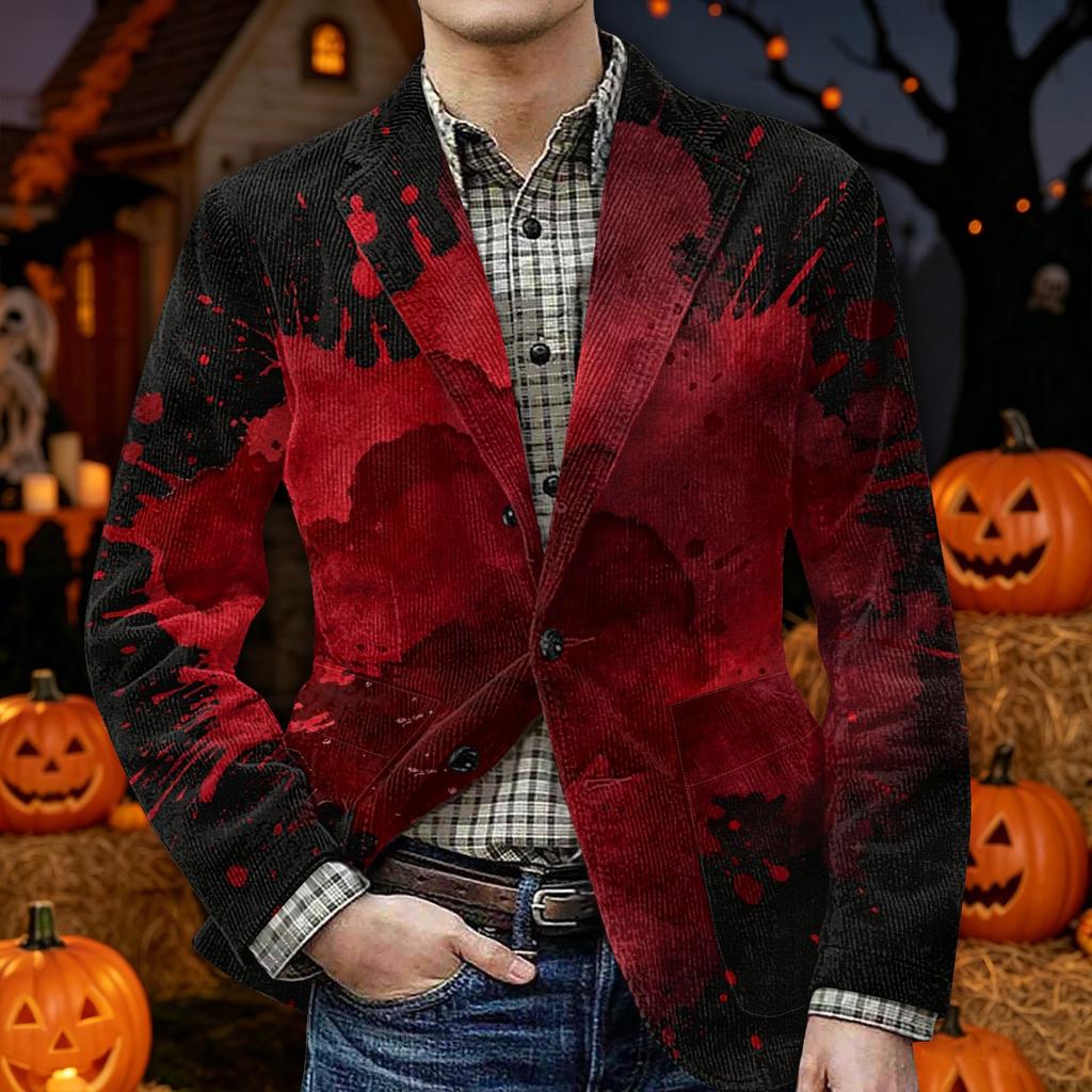 Men's Halloween Print Corduroy Warm Blazer Jacket with Pockets Casual Suit Coat Button Front Long Sleeve Outerwear